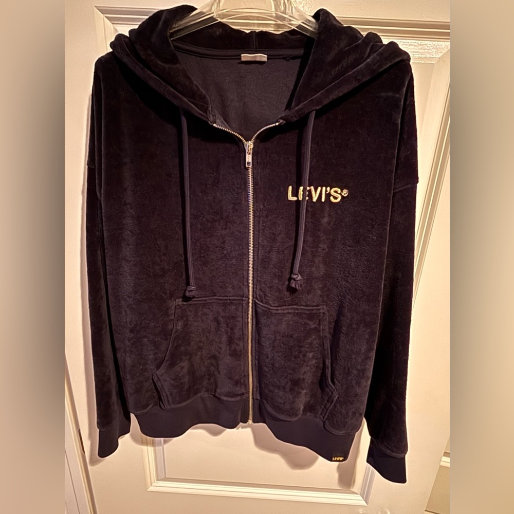 Leviβs Womenβs Small Black Velour Full Zip Hoodie Embroidered Logo Y2K